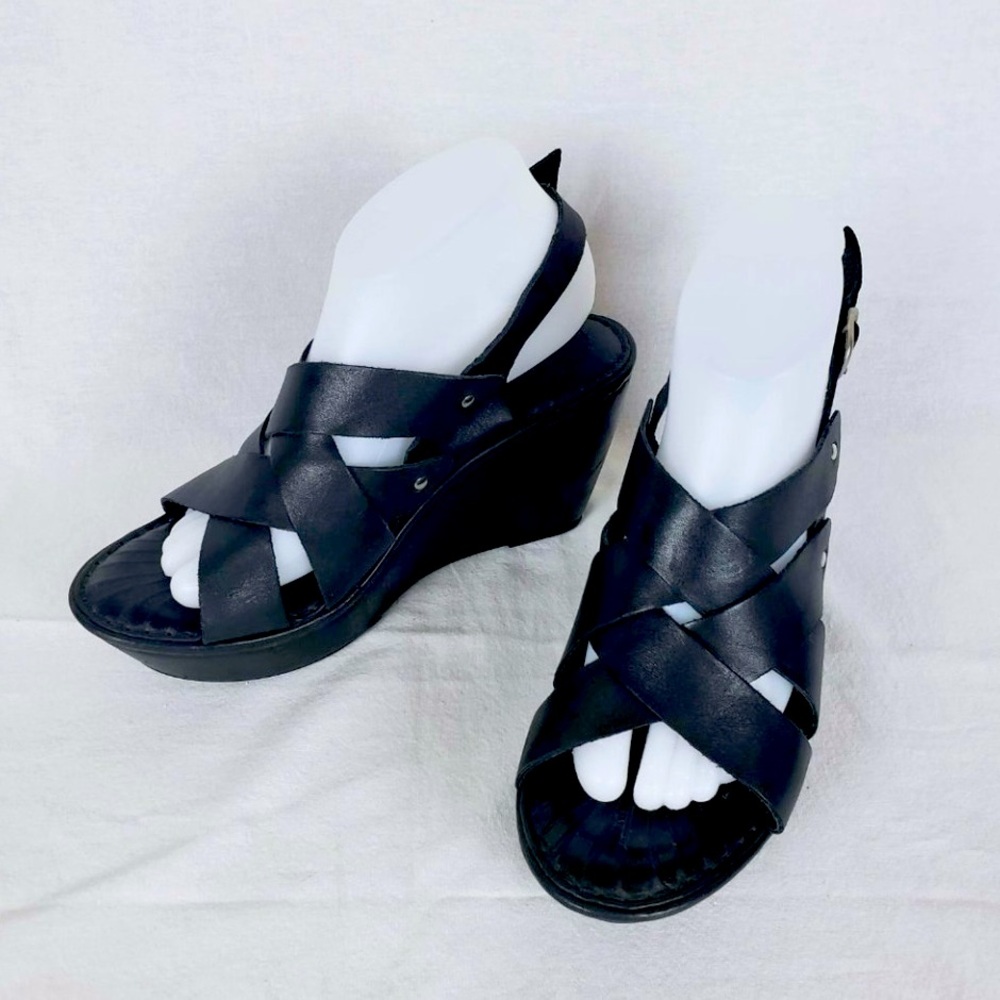 Born 6.5? Black Leather Thick Strappy Wedge Sandal